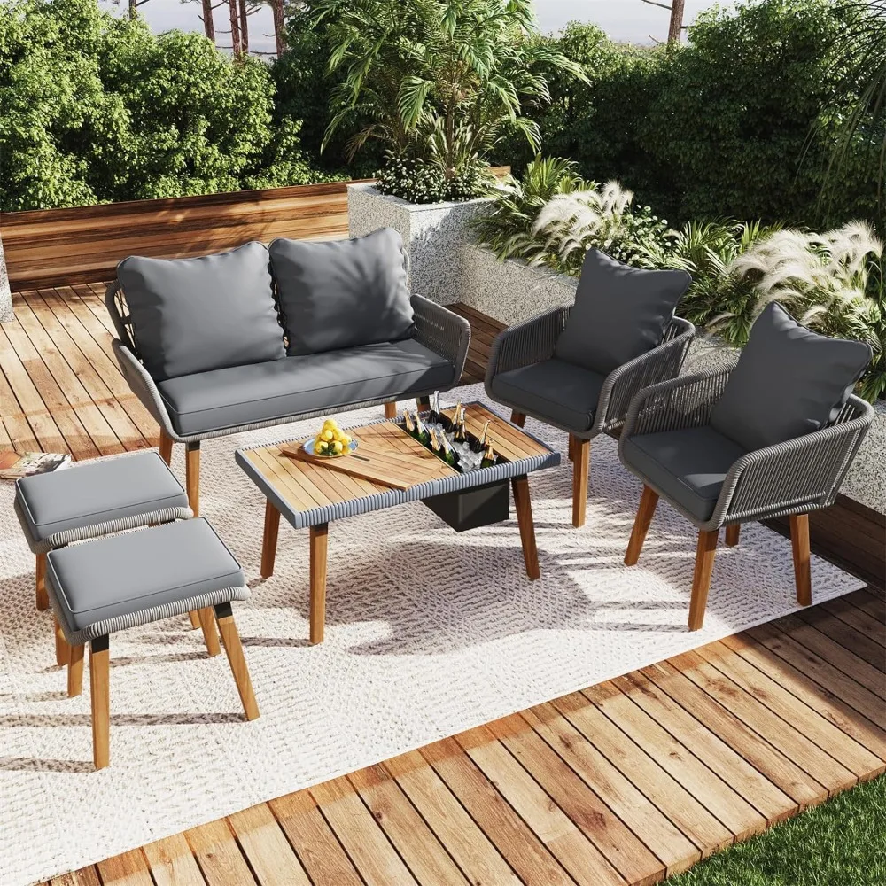 

6 Piece Patio Furniture Set with Cool Bar Table with Ice Bucket, Deep Seat Patio Conversation Set with Two Stools rattan