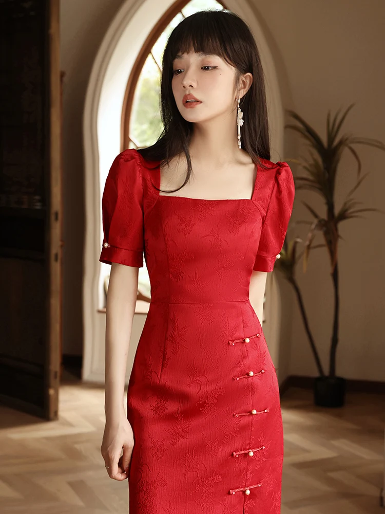 

Red Chinese Sle Wedding Dr Women's ort Sve High Waist Ele Dr for Engagement Par Wedding Ceremony