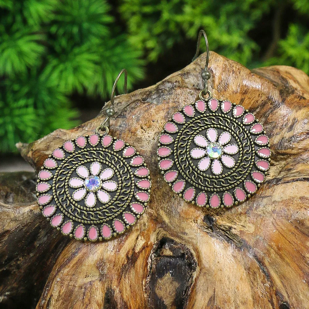 New Bohemian Alloy Earrings Round Drop Oil Multicolor Diamonds Sun Flower Distinctive Embellishment Gifts Party