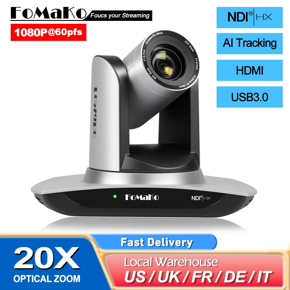 

FoMaKo 20x NDI Camera AI Auto Tracking HDMI PTZ Camera 30x Optical Zoom USB3.0 HDMI PTZ Camera for Church Worship Education