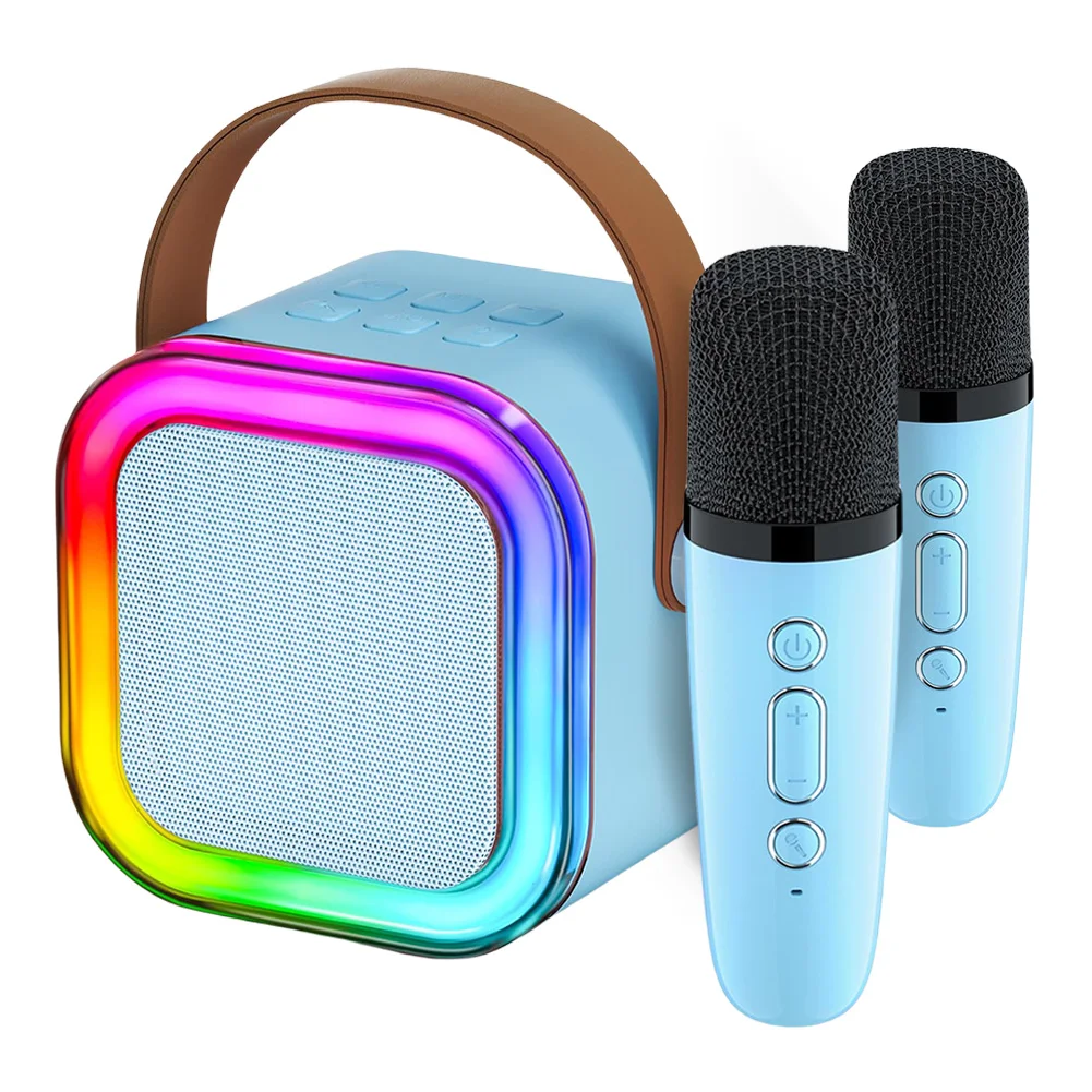 Bluetooth-Compatible 5.3 Karaoke Machine Toy with Wireless Mic Small Speaker Adjustable LED Lights for Home Karaoke