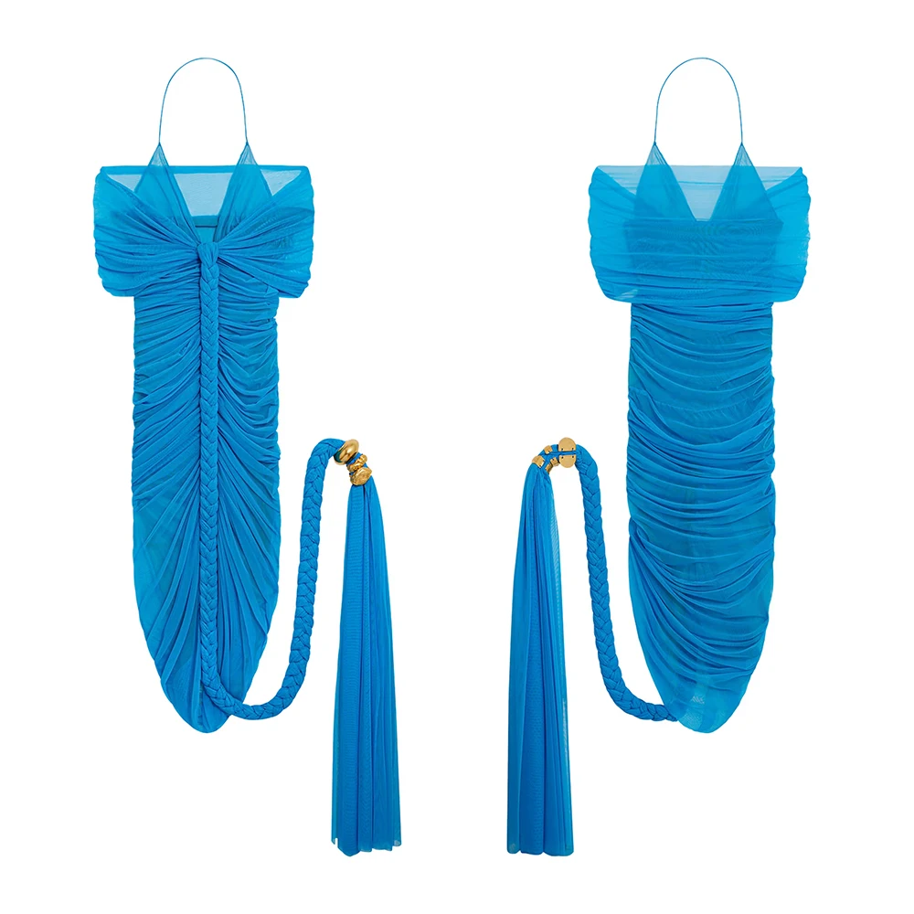 홀터넥 장식 로프 주름 미디 드레스 메쉬 브레이드 발레리나 넥라인 섹시 드레스 생일 파티 칵테일 이브닝용