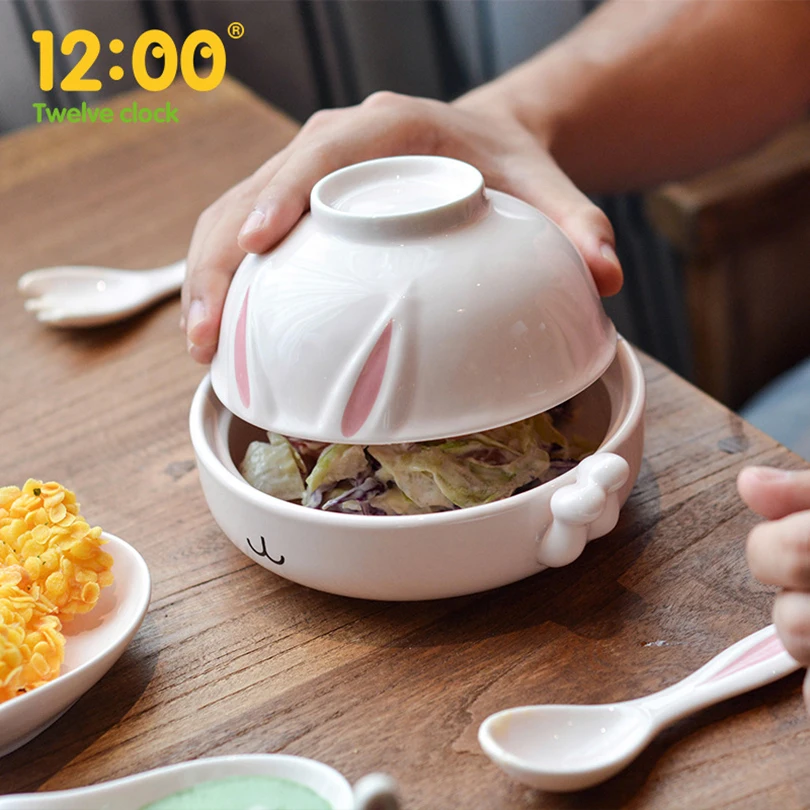 

Pottery Bowl With lid Cute Household Dormitory Dinner Noodles Bowl Creative Cartoon Japanese Set Tableware Bowl