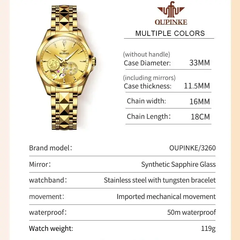 Luxury OUPINKE Real Gold Real Diamonds Automatic Women's Watch Sapphire Mirror Tungsten Steel Strap Ladies' Watches Set Gift