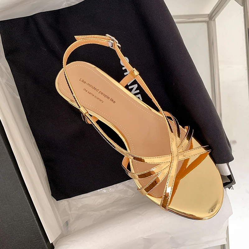 Summer Sandals Retro Ladies Closed  Toe Shoes Spring Vintage Roman Gladiator Shoes Narrow Band Silver Gold Women Sandals