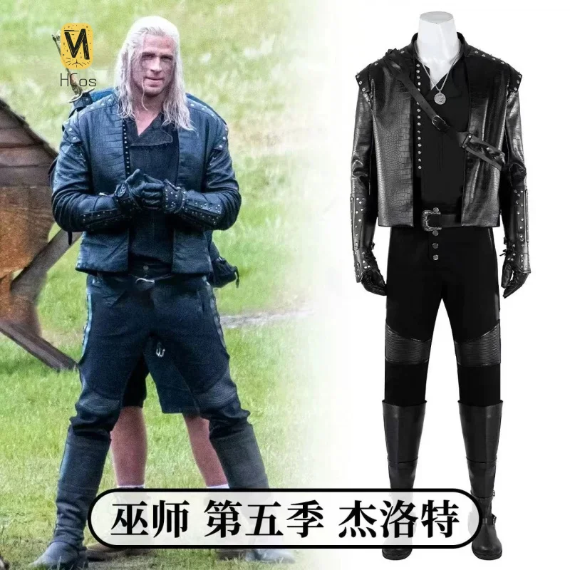 Disfraz de Geralt of Rivia Witcher 5, disfraz de Halloween para hombre, uniforme de fantasía, abrigo, accesorios, zapatos, conjunto de accesorios HCos