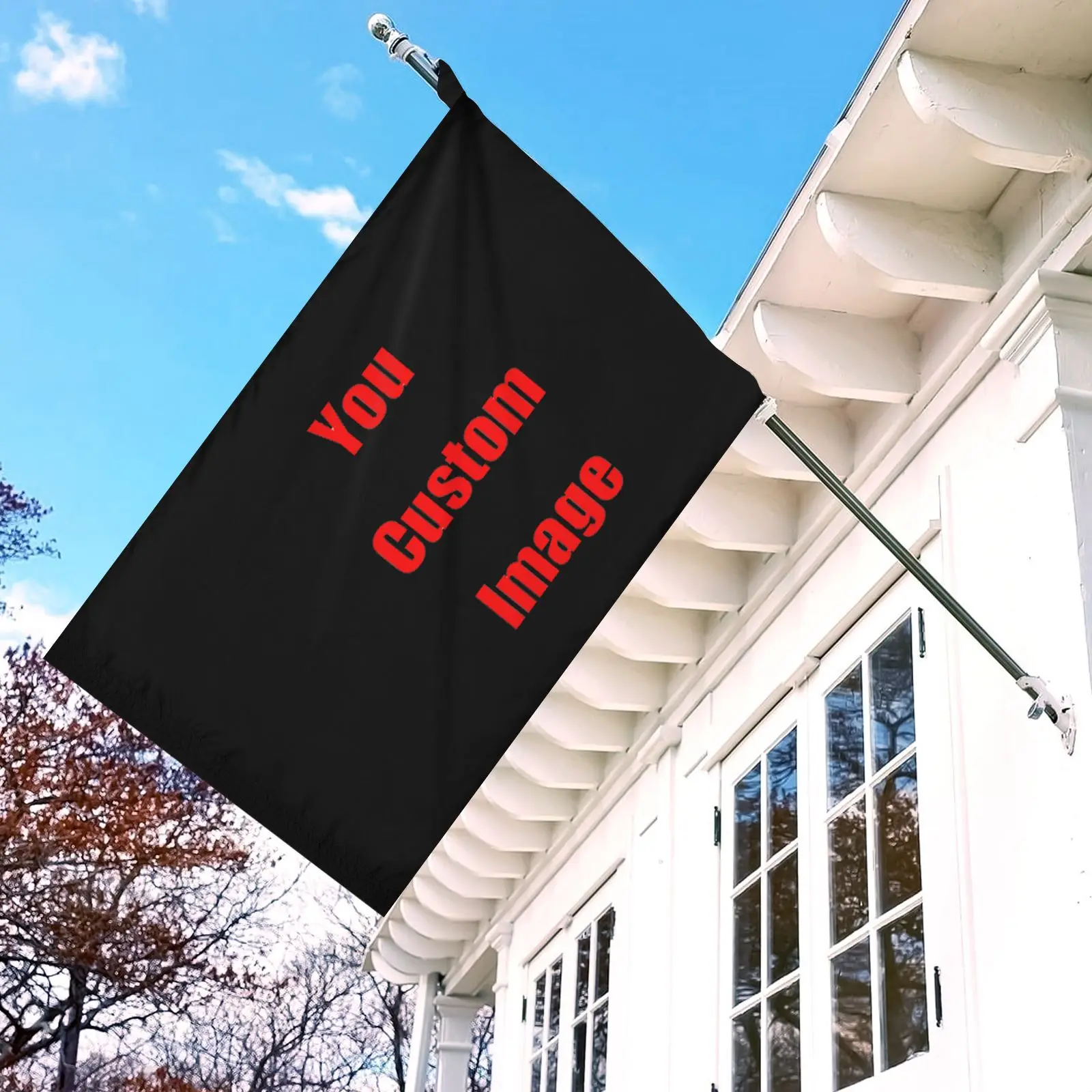 Bendera taman spanduk cetak kustom grafis bendera dengan penutup poros kuningan grommet cetak dua sisi spanduk iklan luar ruangan