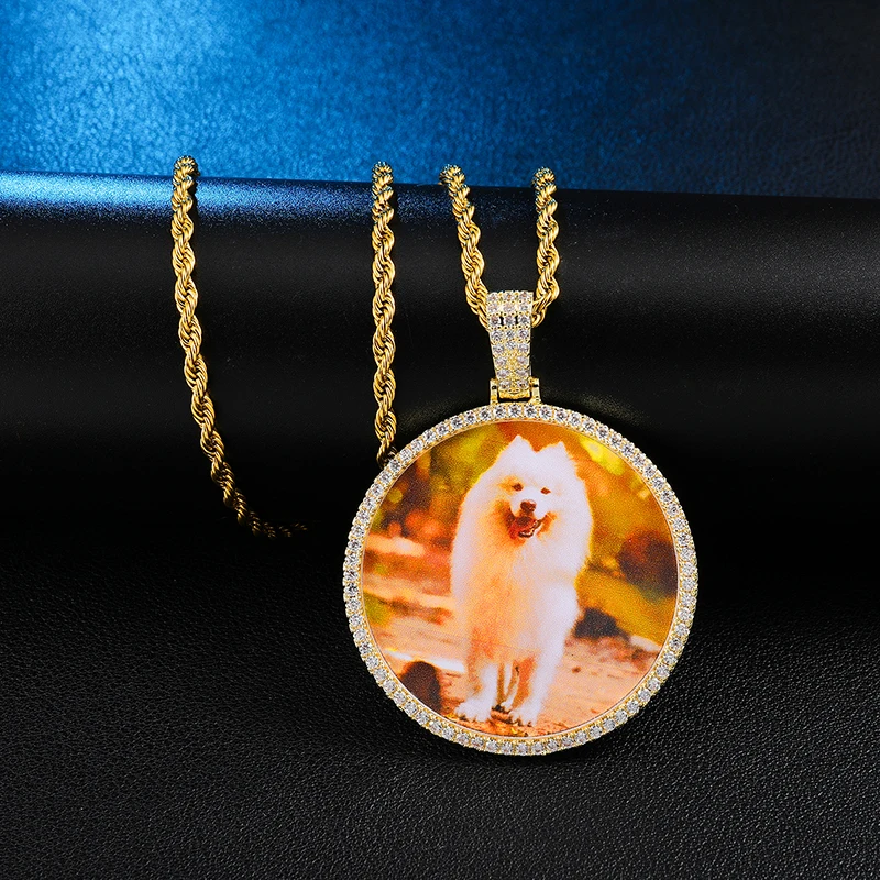 D & Z-medallones de memoria de circón Iced Out, colgante de foto personalizado, círculo, imagen personalizada, collar, regalo para la familia, Hip Hop