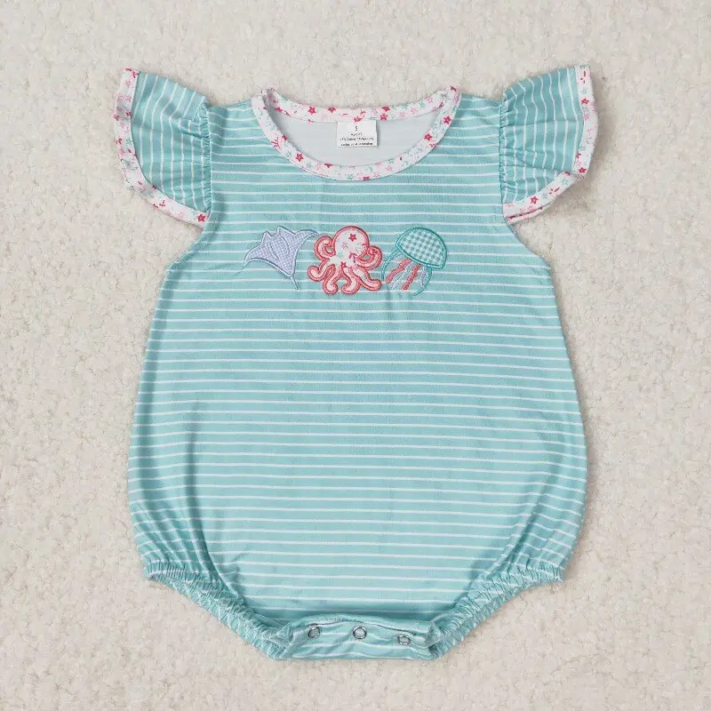 

11.19y SR1267 Wholesale summer embroidered octopus striped blue-green flutter sleeve vest rompers