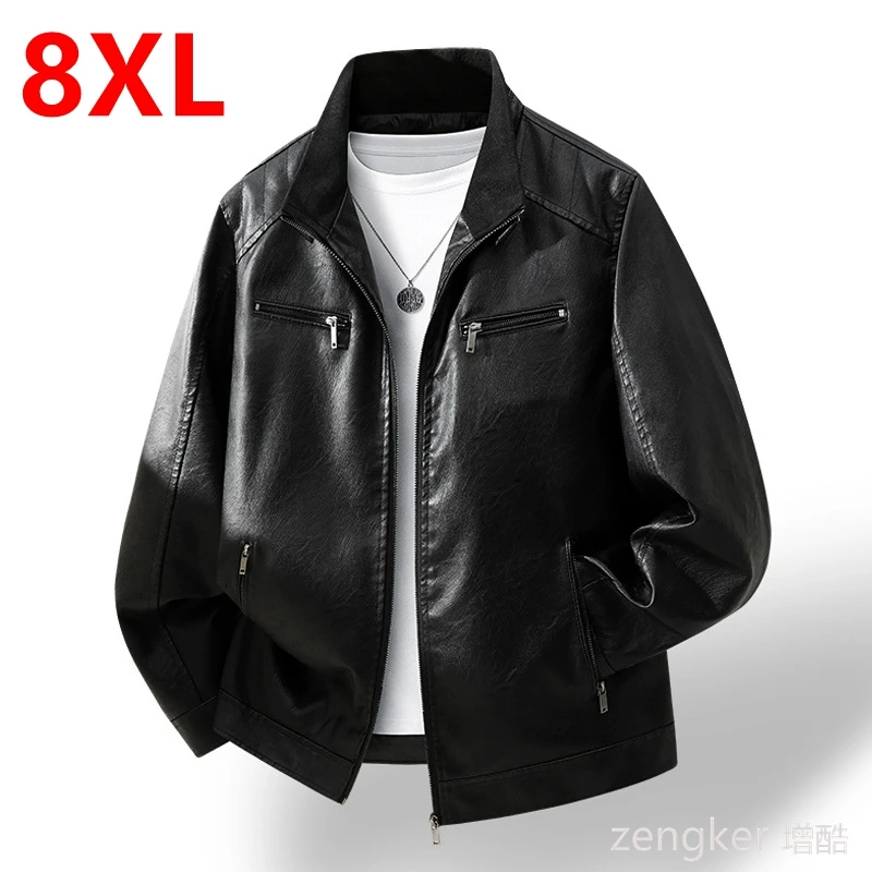 Spring Autumn Stylish Mandarin Collar Motorcycle-Style Leather Jacket for Plus Sized Men Oversized Relaxed Fit Casual Outerwear