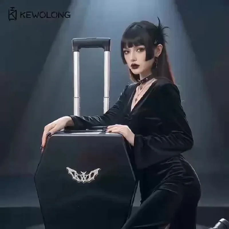 20 Inch Gothic Coffin‑Designed Carry On Luggage Bat Logo Hard Shell Trolley Case Punk Subculture Travel Rolling Suitcase