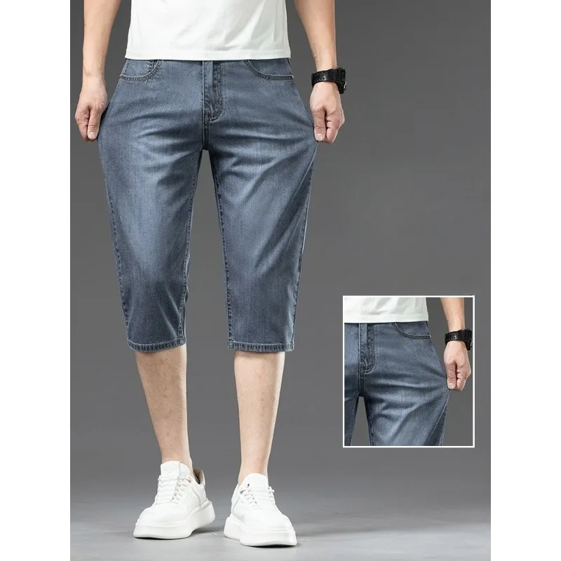 Tencel driedelige denim shorts voor heren in de zomer, dunne, losse, rechte ijszijde trendy casual broek, modieus en individueel