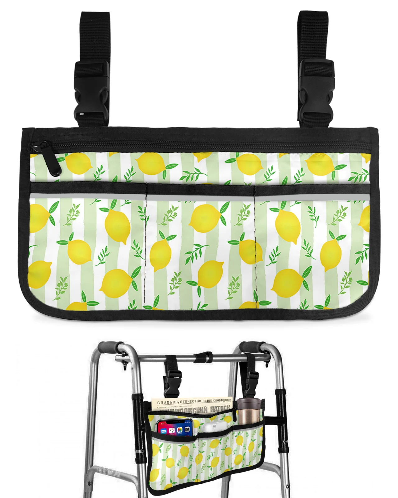 Yellow Lemon Green Leaves Stripes Wheelchair Bag With Pockets Armrest Side Bags Electric Scooter Walking Frame Storage Pouch