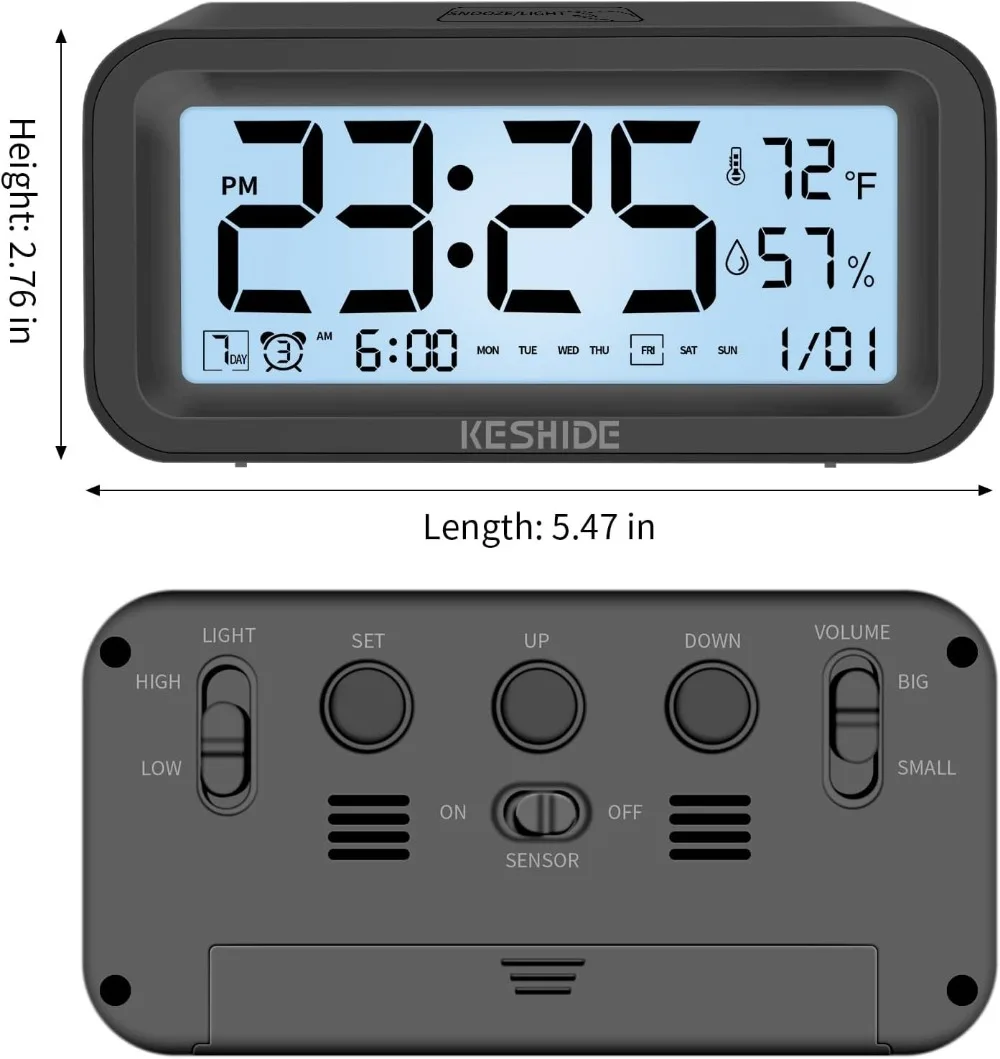 Digital Alarm Clock with Night Light, Temperature & Humidity, Battery Operated, Snooze, 12/24H Display for Bedroom, Travel, Heavy Sleepers (Black)