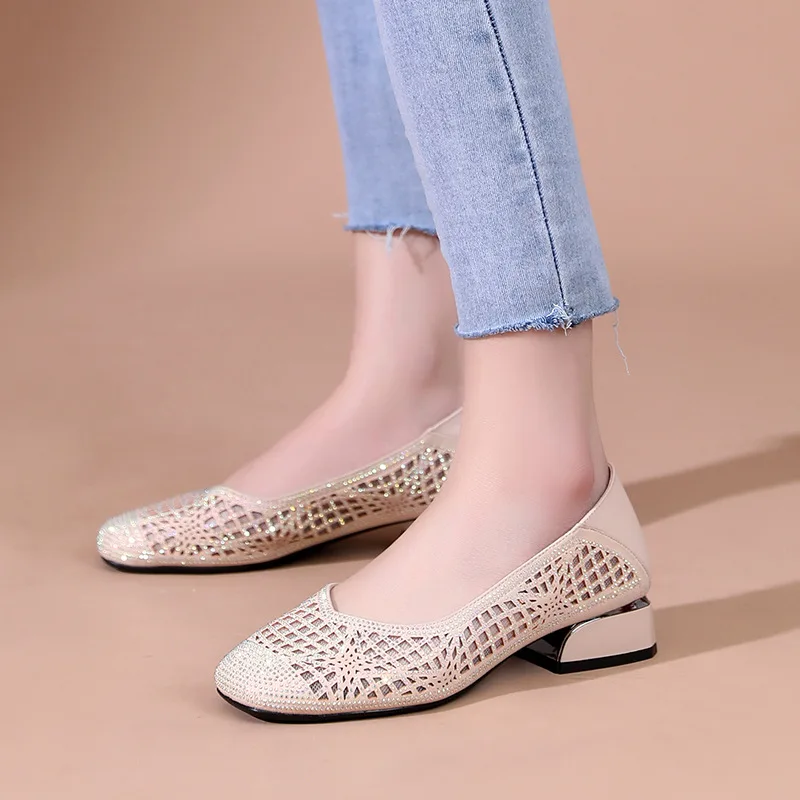 GKTINOO Spring Summer Fashion Hollow Genuine Leather Pumps Women Shoes Med Heels Square Heel Mesh Ladies Office Shoes Crystal