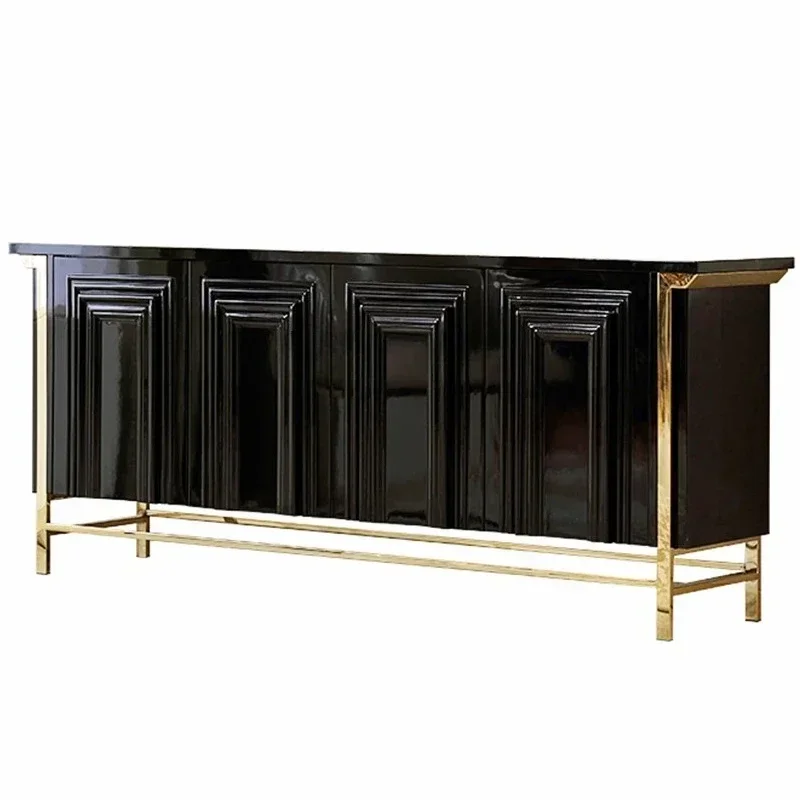 Neoclassical black paint TV cabinet stainless steel floor cabinet villa model house light luxury TV cabinet