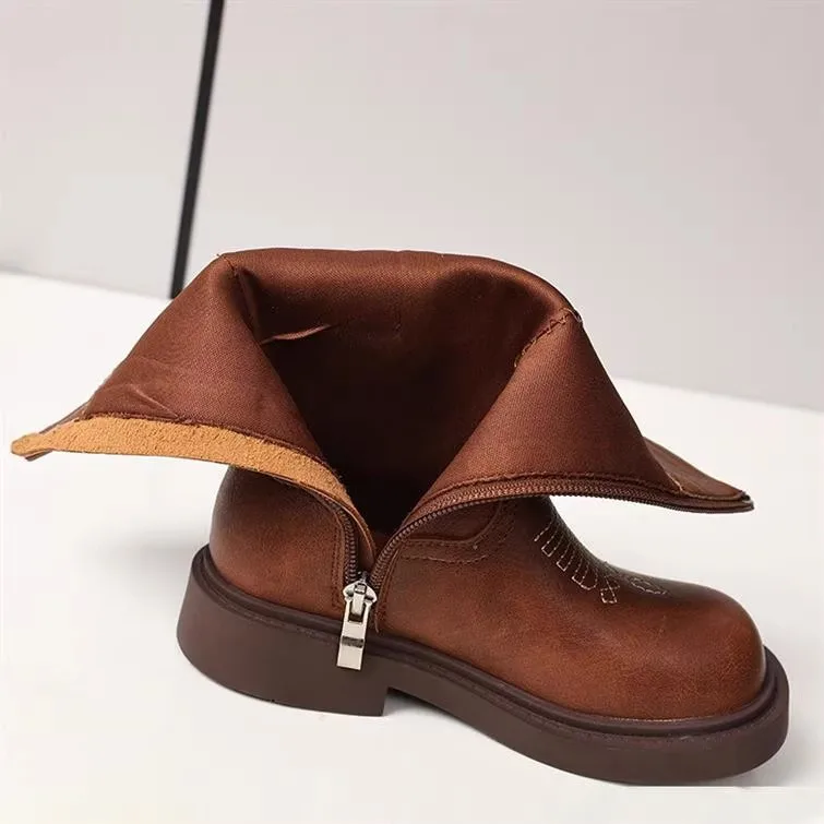 2026 Children's PU Leather Boots Classic Western Cowboy Embroidery Girls Long Booties Kids Autumn Soft Sole Retro Princess Boots