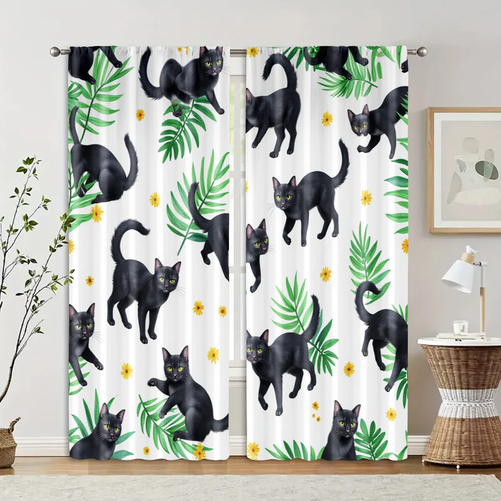 2pcs, Minimalist Curtains Black Panthers with Leaves & Flowers Durable Polyester (without rod) Stuff Clearance Perfect for