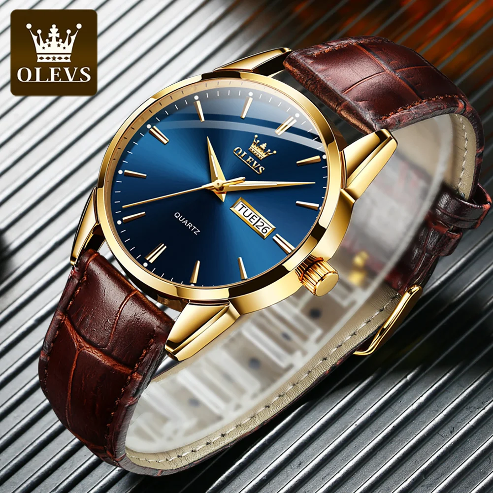 Olevs 6898 Quartz Echt Lederen Band Horloge Voor Mannen, Zakelijk Hoge Kwaliteit Waterdicht Heren Polshorloge Kalenderweek Display