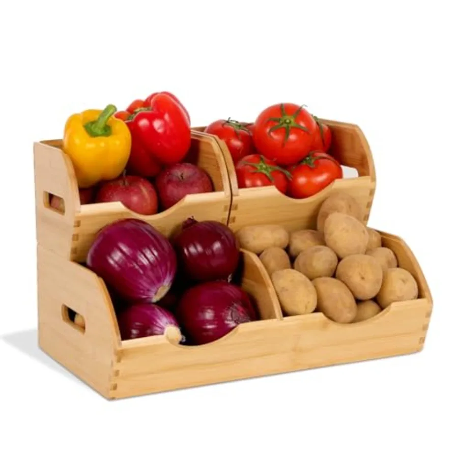 Organizador de Despensa de Bambú y Contenedores de Almacenamiento para Encimera de Cocina, Cestas para Guardar Cebollas y Patatas, Cestas para Frutas y Verduras