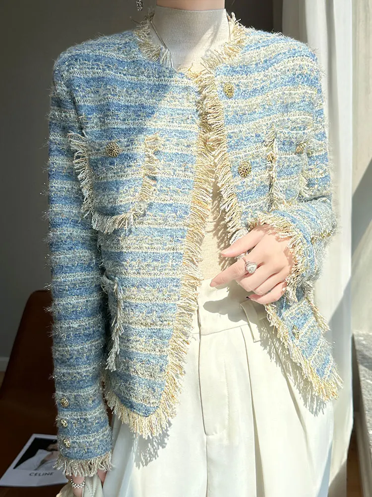 

Chic oulder Length Outerwear Women's Faionable Tassel Detailing Autumn Collection Straight Cut Classic Sle round Ne