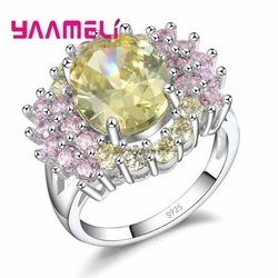 Brand Yellow Stone Decorated With Pink Crystal Cubic Zirconia 925 Sterling Silver Ring For Wedding Valentine's Day Gift