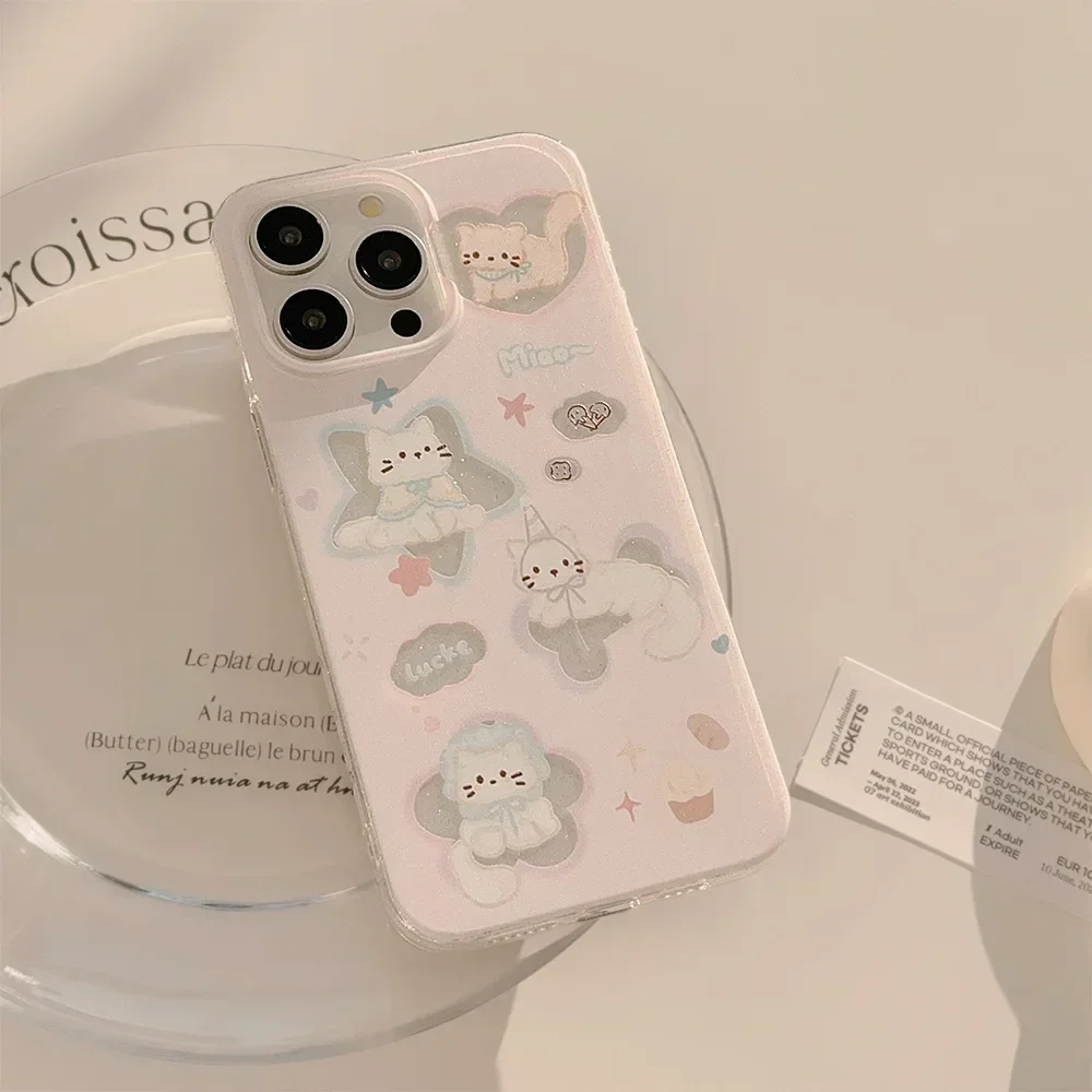 Cartoon Cute Pink Star Cat Hollow Out Phone Case for IPhone16 15 14 12 13 11 Pro ProMax Plus X XR Shockproof Phone Cover