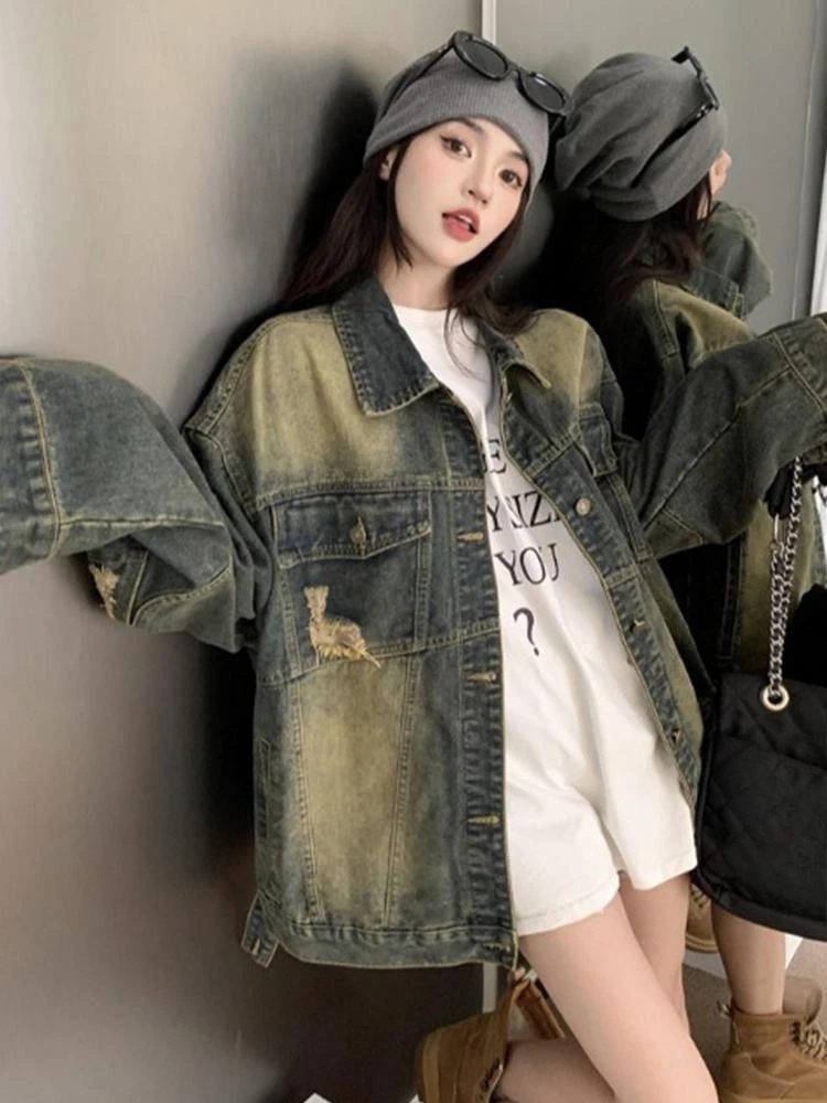 

Women's Vintage Ripped Denim 2025 Spring Loose Fit Streetwear Denim Coat Retro Casual Bomber