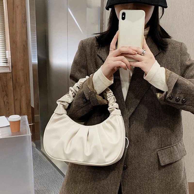 Fashion PU Cloud Bags Leisure Armpit Bag Pleated Handlebags For Women Shopping Shoulder Bag Dumpling Handbag Female Hand Bag