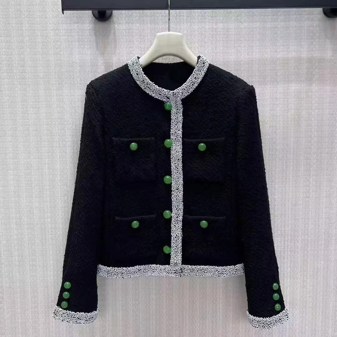 2026 New Fashion Vintage Black Tweed Jacket Women Embroidery Beading O-neck Long Sleeve Single Breasted Elegant Chic Coat