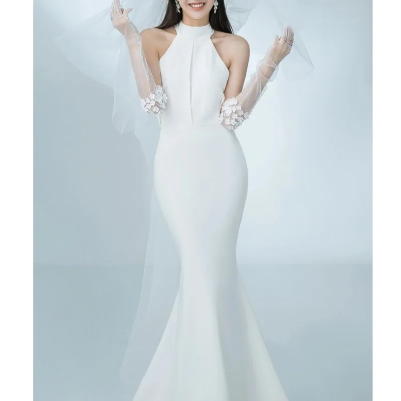 Elegant Mermaid Wedding Dress Fashion Halter Long Bridal Dresses With Small Train Sexy Backless Simple Vestidos De Novia