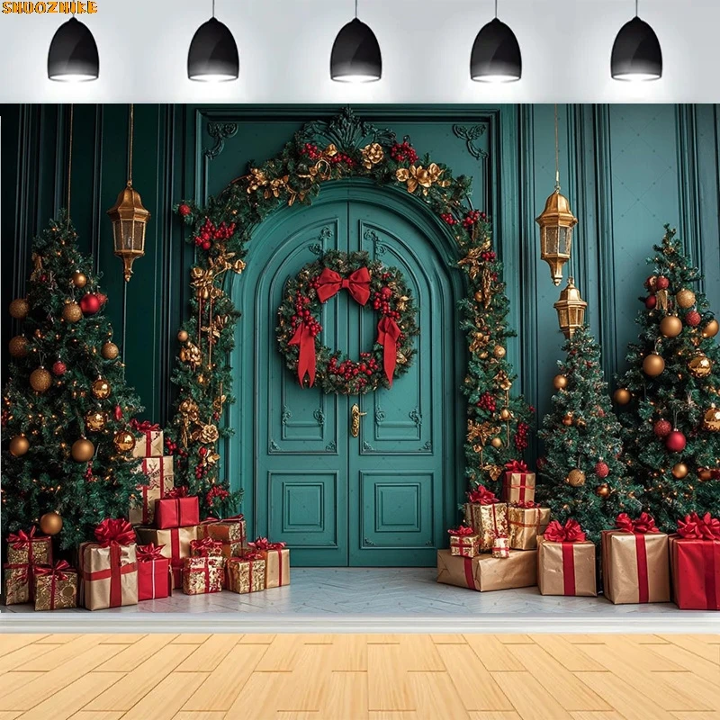 

Christmas Day Wreath Family New Year Party Photography Backdrops Prop Window Living Room Xmas Tree Gift Snow Background WD-26