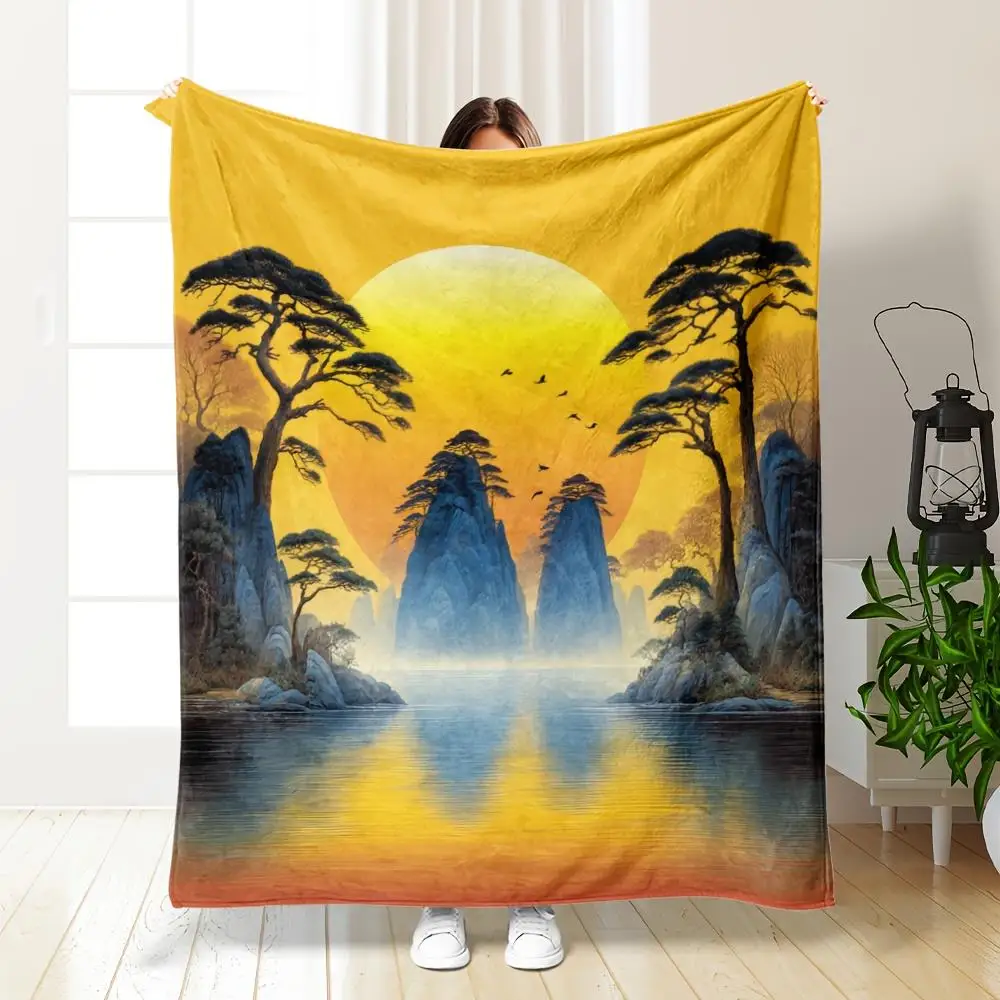 

Chinese Landscape Fleece Blanket Sunset Mountain Lake Art Soft Cozy Throw Home Decor for Living Room or Bedroom Gift 60x80