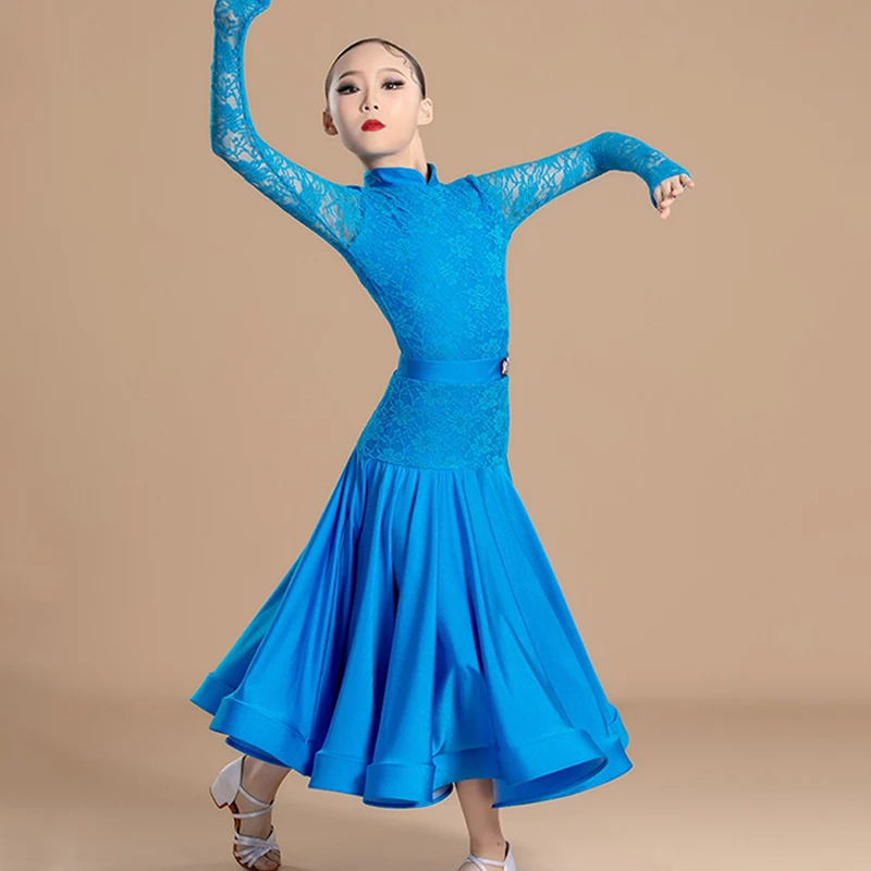 Girls Ballroom Dance Clothing Long Sleeves Dress For Standard Waltz Modern Dancing Competition Suit Training Costume VDL290