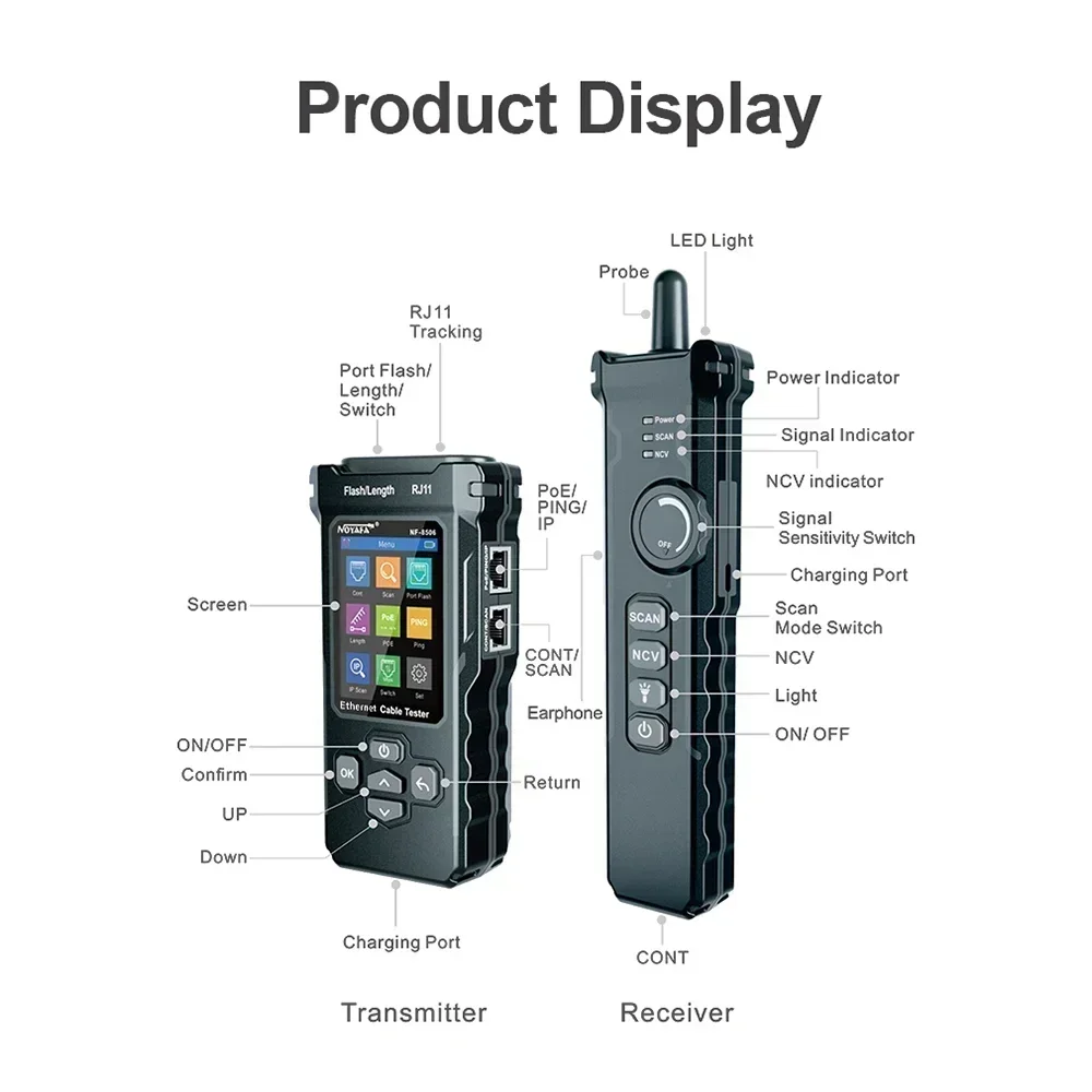 NOYAFA NF-8506 Netwerkkabeltester Ondersteunt PING-test / IP-scan / netwerkpoortsnelheid Multifunctionele kabeltracker die netwerk vinden