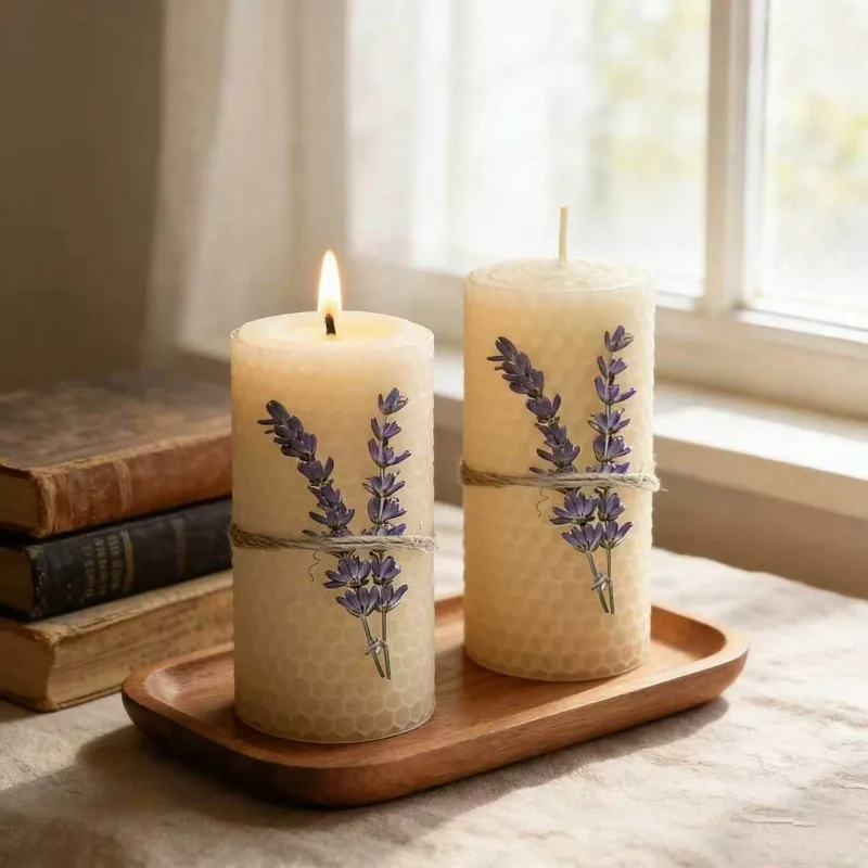 2 Pack Beeswax Pillar Candles, Ivory & Yellow, Hand-Rolled Honeycomb with Lavender Decor, Natural Honey Scent, 5x10cm, for Home Decor, Weddings, Holidays & Gifts