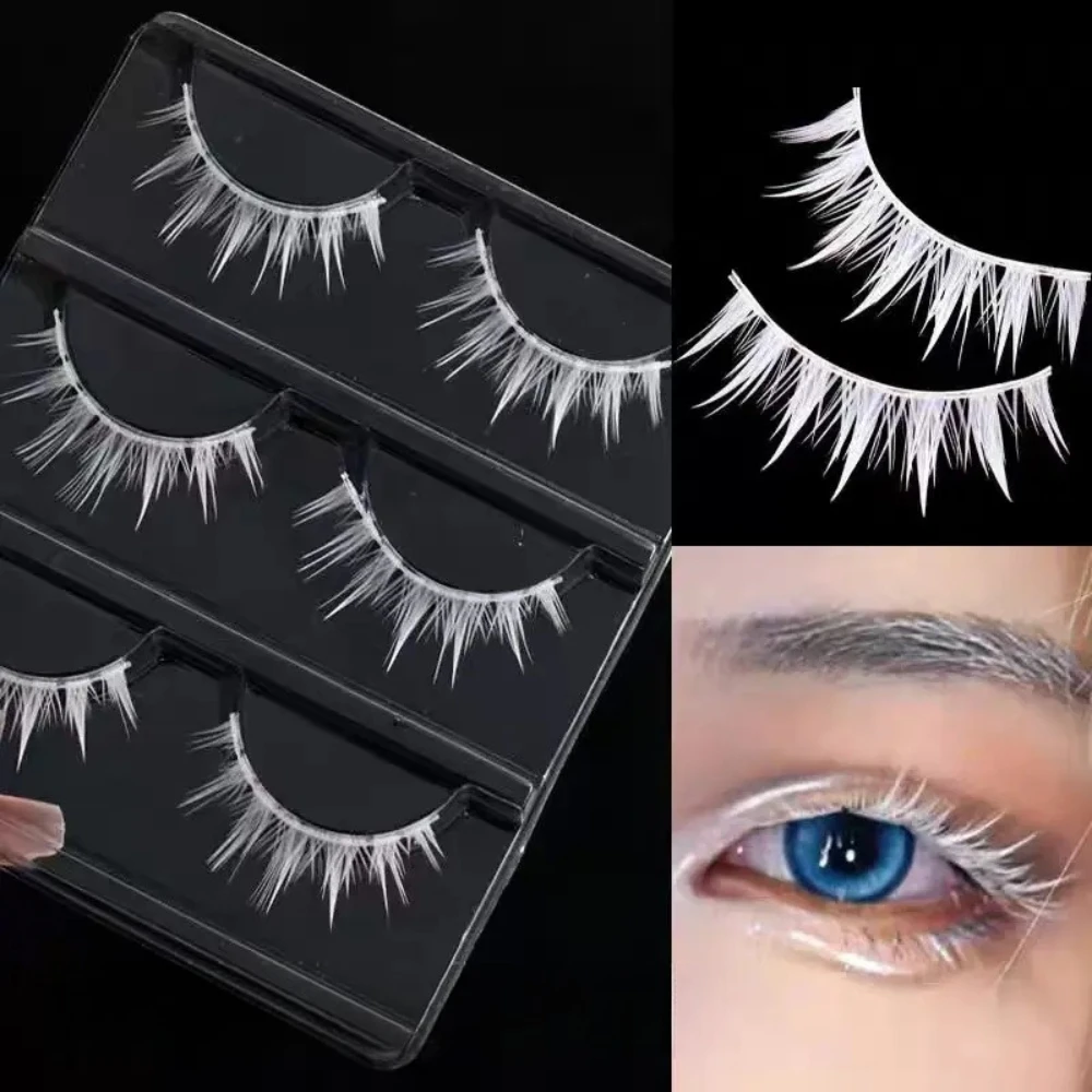 

3 Pairs White Comic False Eyelashes Natural Thick Dense Fake Eyelash Hard Stem Cosplay Character Imitation Eye Makeup for Stage