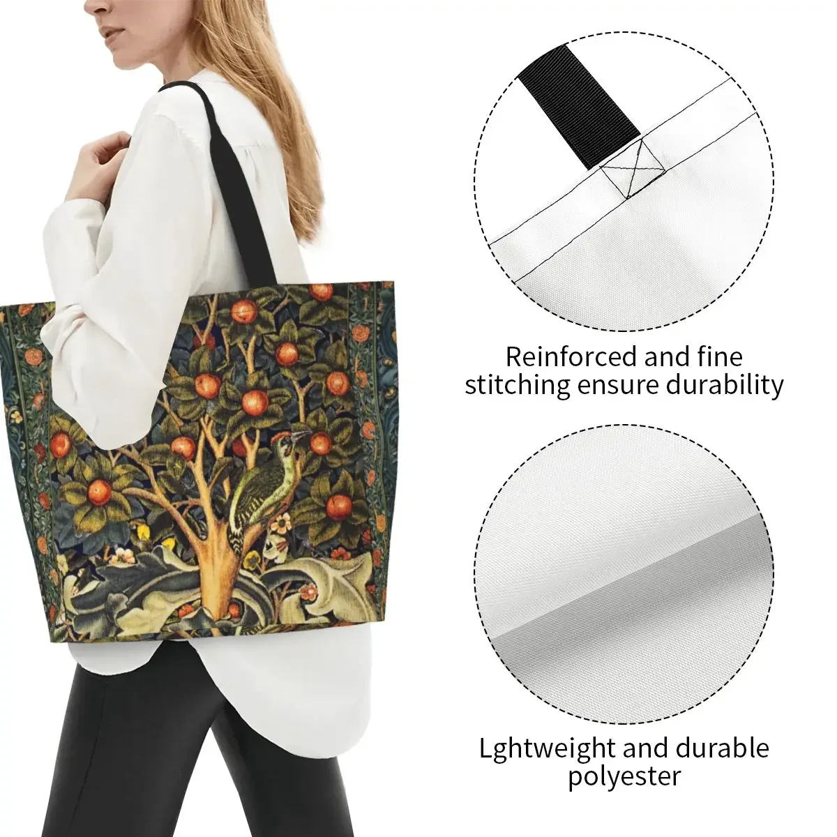 William Morris Woodpecker In albero da frutto Shopping Canvas Bag grande capacità Grocery Birds conigli Floral Shopper Tote Bags