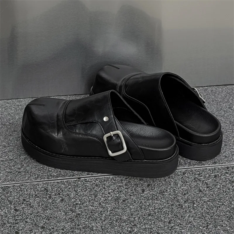 2025 ผู้ชายและผู้หญิงหนังสวมใส่ด้านนอกคู่สบายๆหนาSoled Big Headกระเป๋าครึ่งรองเท้าแตะคู่รองเท้าแตะ