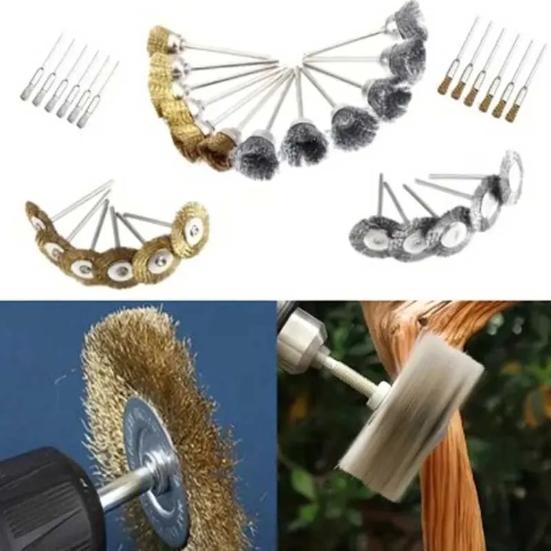 9pcs Steel Wire Brass Brush Rotary Tool Electric Dremel Drill Bit Polishing Grinding Wheel T-shaped Brush Accessories