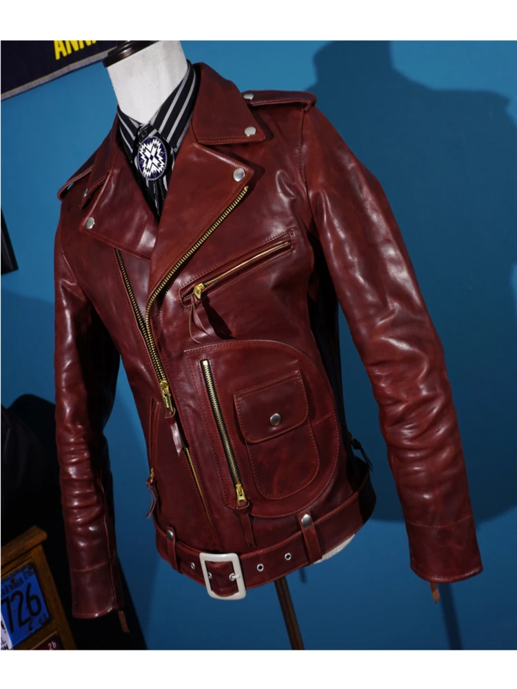 YR!Free shipping.Popular Men thick 1.5mmBurgundy horsehide jacket.Classic motor rider genuine leather coat.luxury cloth