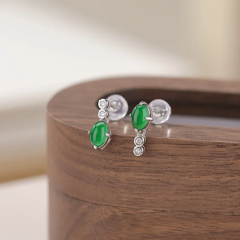 

TIMESWIND Natural Jade S925 Silver-Green Egg-shaped Oval Zircon Women Earrings Certificate