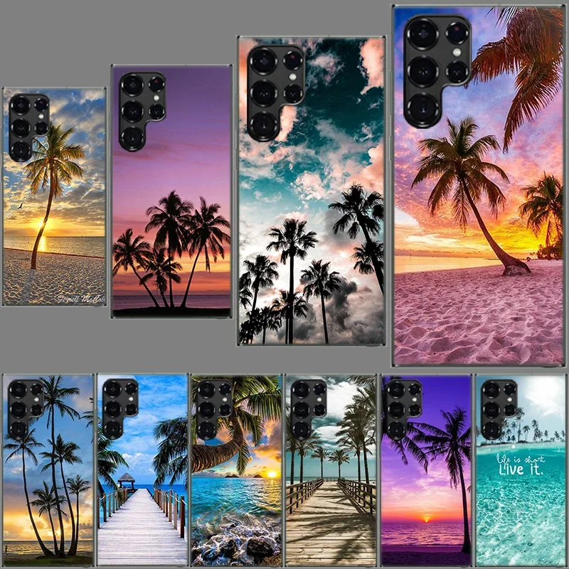 Summer Beach Scene at Sunset on sea Palm Tree Clear Case for Samsung Galaxy S24 S23 S22 Ultra S21 S20 FE TPU Capa Phone Cases S1