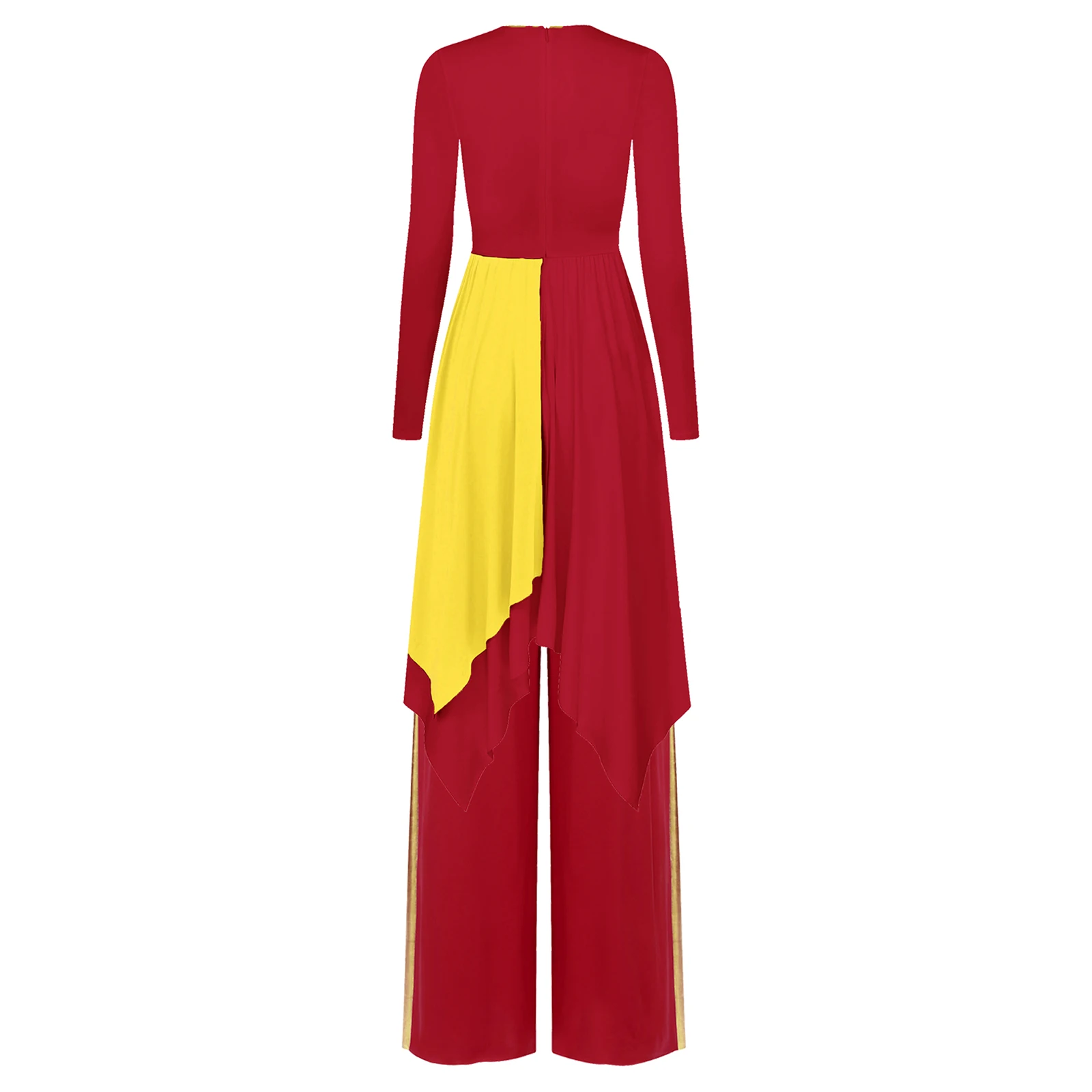 Abito da ballo lirico liturgico da donna Abbigliamento da ballo di culto Abito asimmetrico a maniche lunghe con colori a contrasto metallizzato + Pantaloni a gamba larga