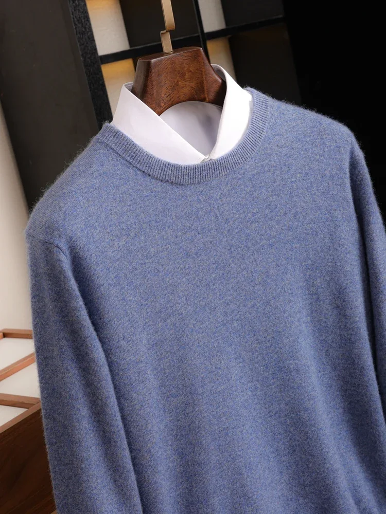 

Новый осенне-зимний мужской свитер из 100% чистой шерсти, однотонный, простой, свободный, базовый, с круглым вырезом, с длинным рукавом, вязаный, повседневный, элегантный.