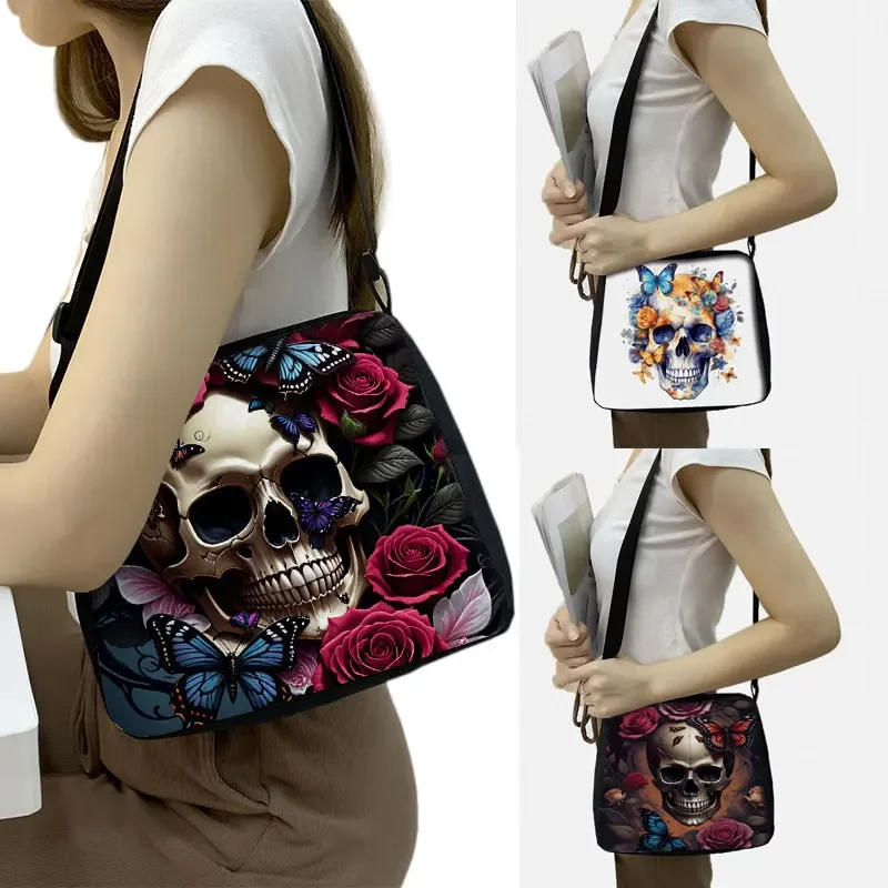 Horror Skull with Rose And Butterfly Printing Shoulder Bag Skull with Flower Handbag Phone Holder Daily Outdoor Travel Bag