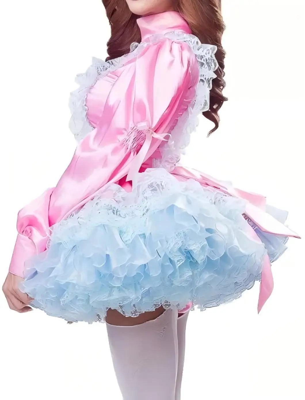 Sissy Girl Sexy Maid Lockable Satin Organza fluffy Dress Maid Cosplay costumeTailored