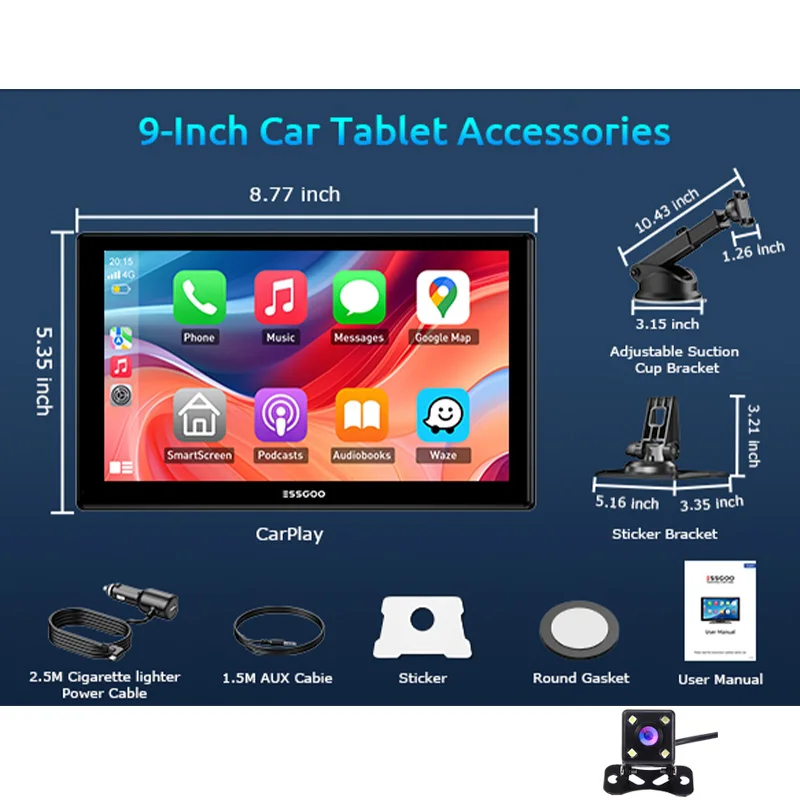 ESSGOO 9"4K Draagbare Carplay IPS Touchscreen Universele Autostereo Radio Trucks Android Auto Mirror Link AUX FM USB Bluetooth TF