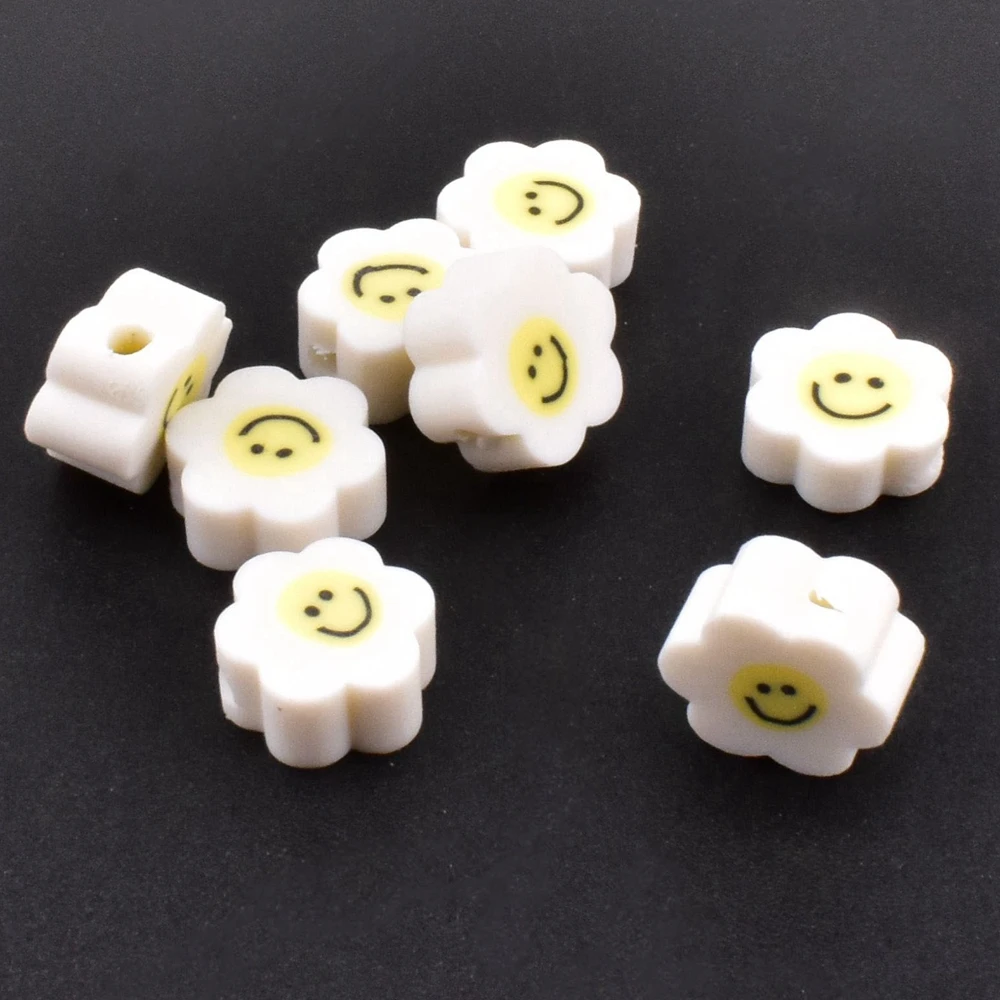 8Pcs/Lot 10mm White Flower Smiling Face Soft ceramic bead Polymer clay Bead for jewelry making