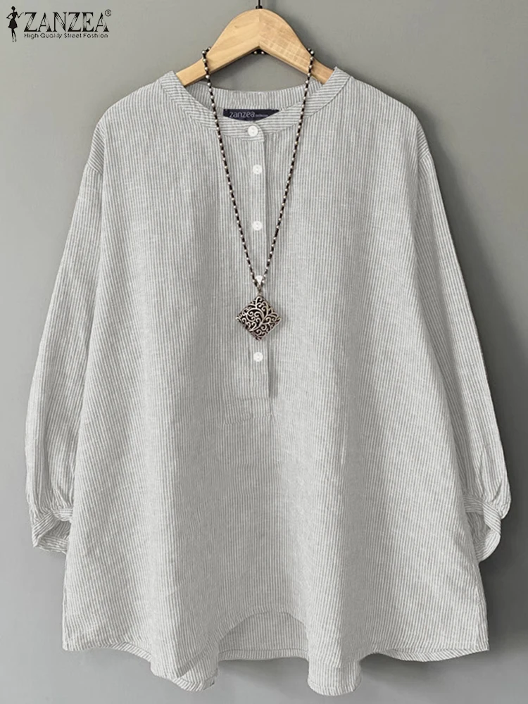 ZANZEA, blusas de otoño 2025 para Mujer, camisa informal holgada de manga larga a rayas, blusa elegante con cuello levantado para trabajo de oficina, Tops con botones para Mujer